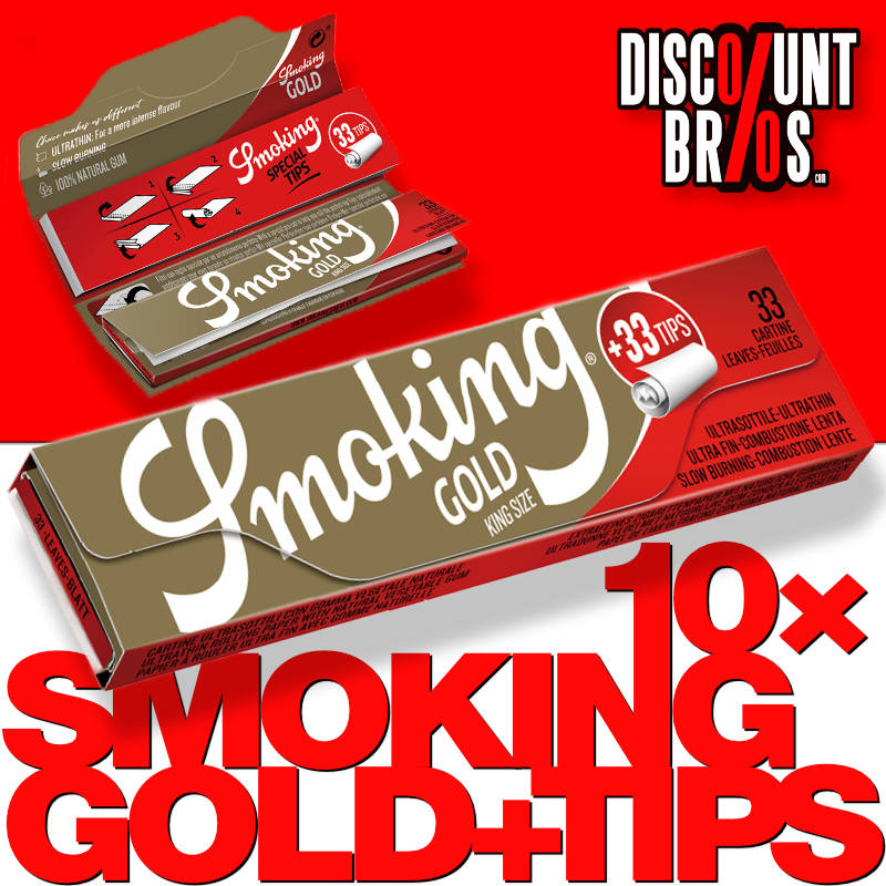10 × SMOKING GOLD King Size Papers + Tips 33 Blatt Zigarettenpapier mit Filter