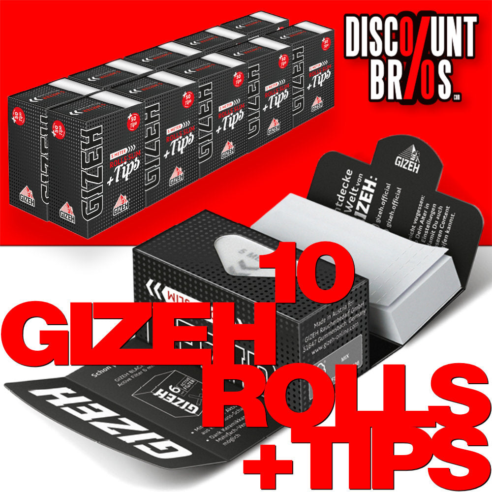 10 × GIZEH Black Rolls Slim + Tips 5 m Zigarettenpapier mit 50 Filtertips