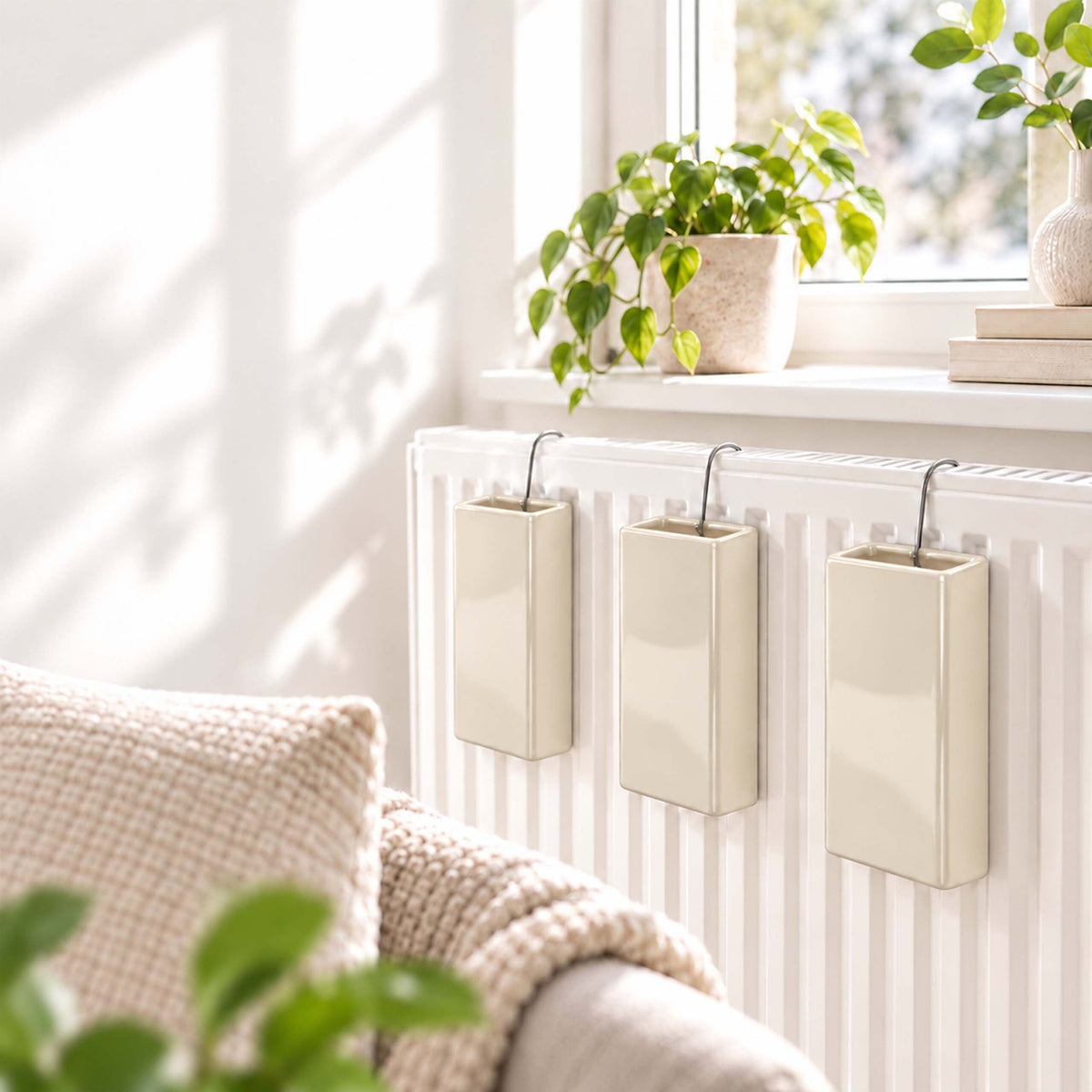 Relaxdays Heizkörper-Luftbefeuchter aus Keramik, 6er-Set – Beige, Anwendungs- oder Detailansicht