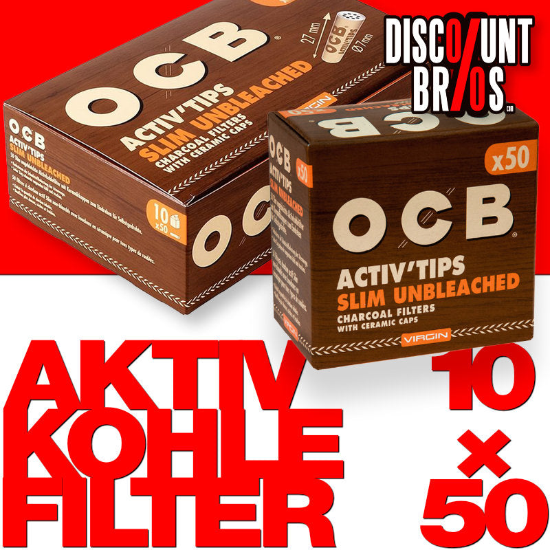10er Verkaufsdisplay 50 Stk. OCB VIRGIN Activ Tips Filter Unbleached Aktivkohlefilter 7mm SLIM