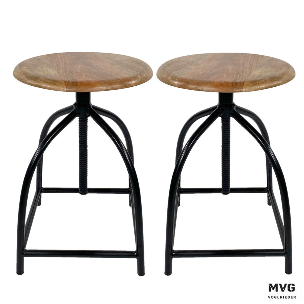 2er Set Drehhocker Liverpool Mangoholz und Metall höhenverstellbar