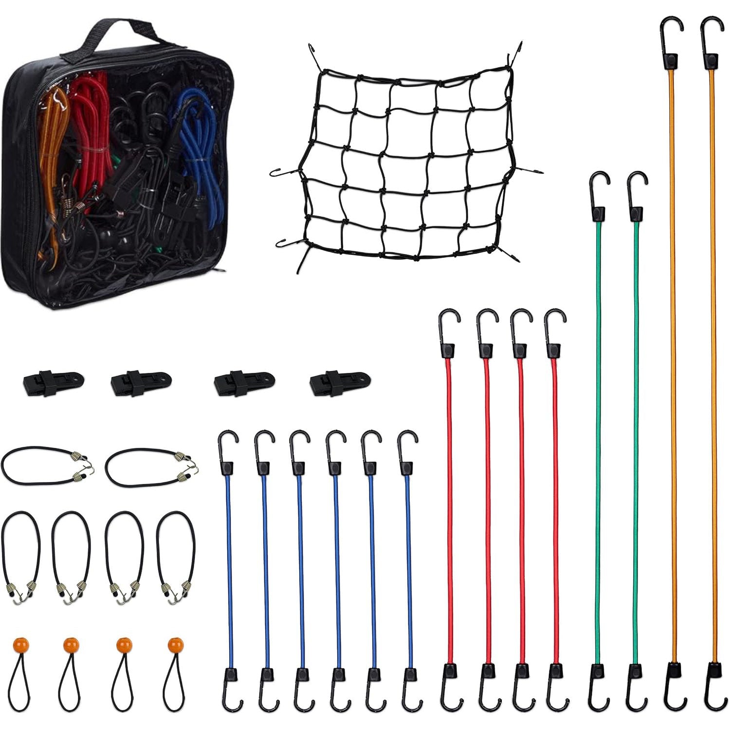 Spanngummi 30er-Set mit Gepäcknetz und Planenclips