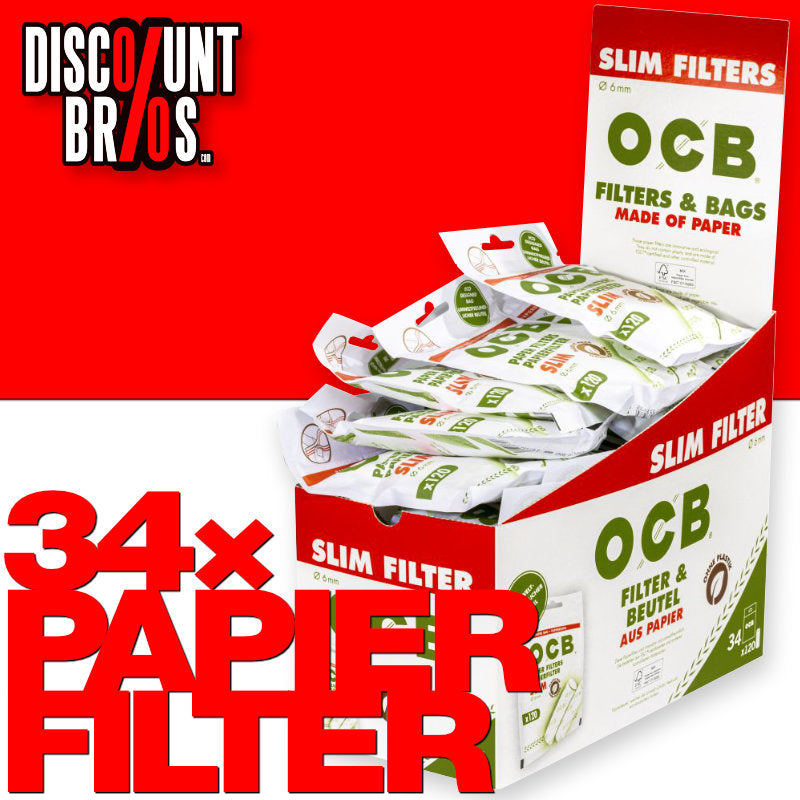 34 Stk. Verkaufsdisplay OCB Papierfilter Filter Tips SLIM 6 mm, 34 Beutel je 120 Filter
