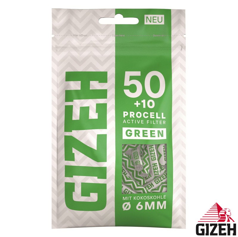 600 Stk. GIZEH GREEN Active Filter ProCell Aktivkohlefilter Filter Zigarettenfilter 6mm EXTRA-SLIM Verkaufsdisplay