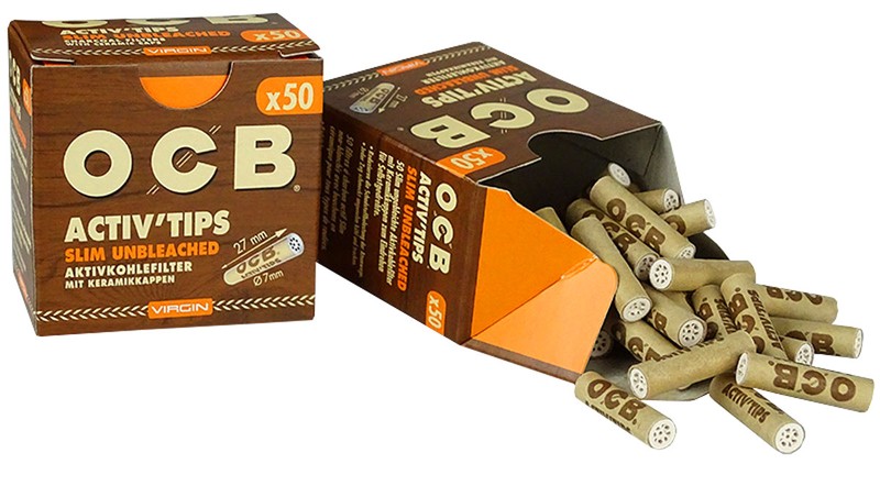 10er Verkaufsdisplay 50 Stk. OCB VIRGIN Activ Tips Filter Unbleached Aktivkohlefilter 7mm SLIM