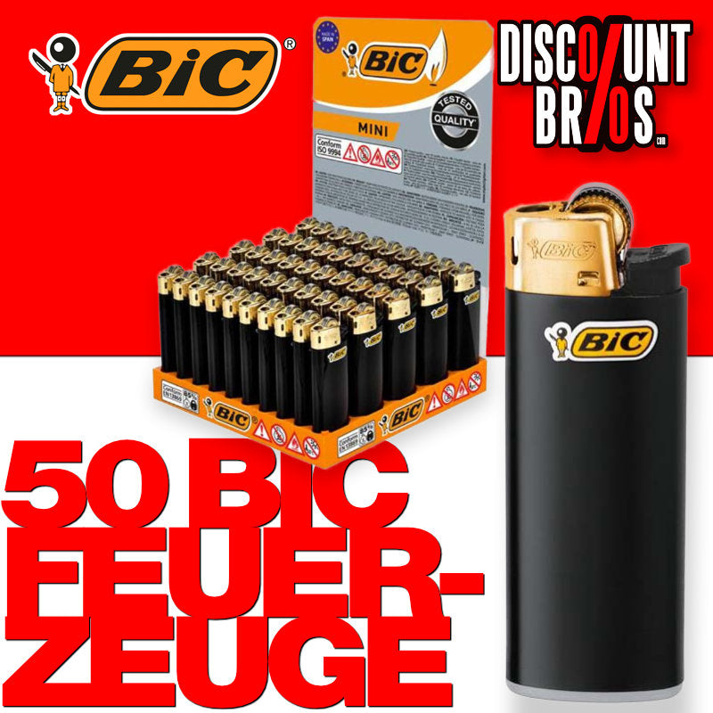 50er Set Verkaufsdisplay BIC® Einwegfeuerzeug MINI FEUERZEUG J25 Schwarz Gold