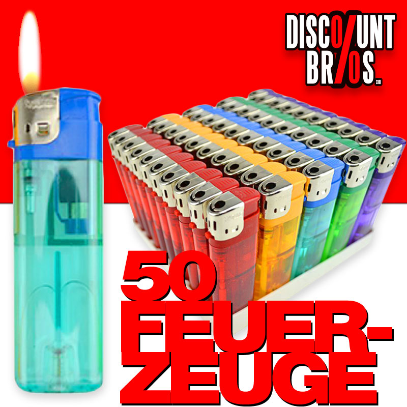 50 Elektronik FEUERZEUGE farbig transparent nachfüllbar
