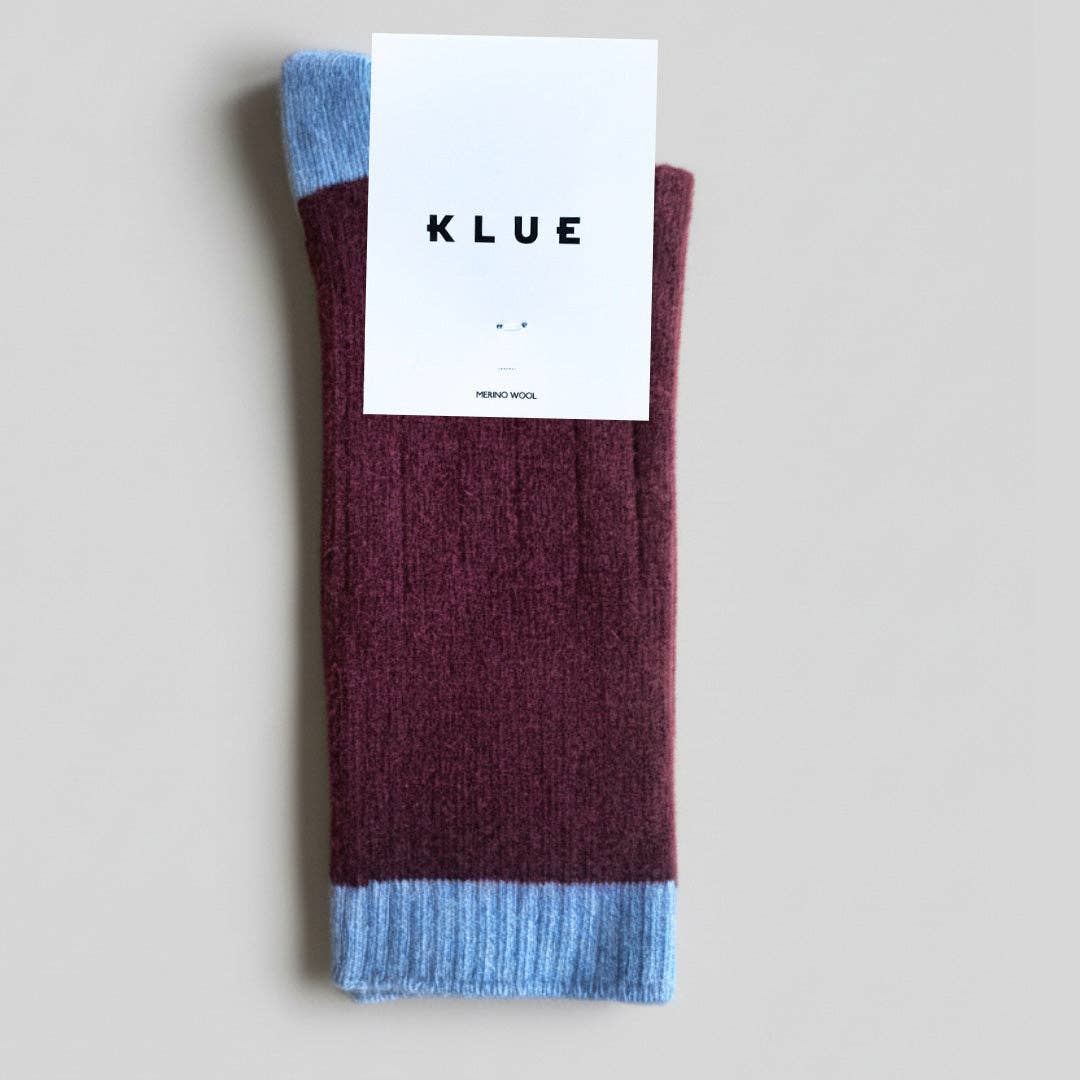 KLUE Merinowollsocken mit farbigen Bündchen | Burgund und Himmelblau