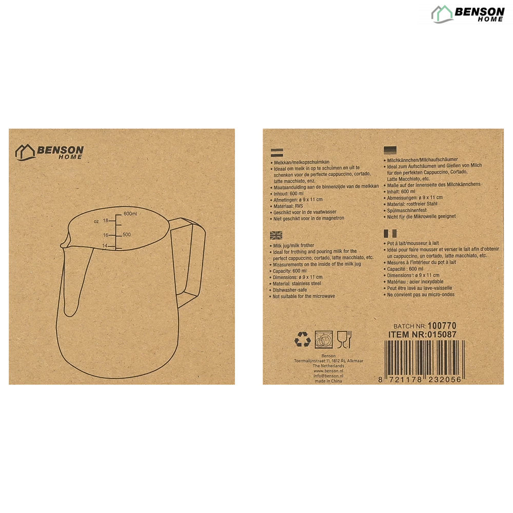 Barista Milchkännchen KRUG aus Edelstahl mit Messskala 600ml