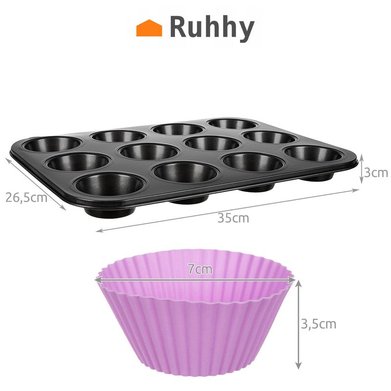 Cupcake Muffin Backform Antihaftbeschichtet mit 12 Silikonförmchen