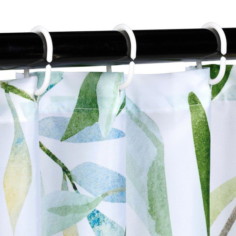 Textil DUSCHVORHANG Polyesterstoff mit Blätter Motiv in Grün, Gelb und Weiss + 12 Ringe 180×200cm