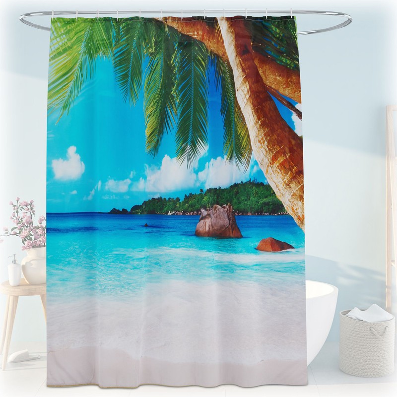 Textil DUSCHVORHANG Polyesterstoff mit Tropical Beach Motiv + 12 Ringe 180×200cm