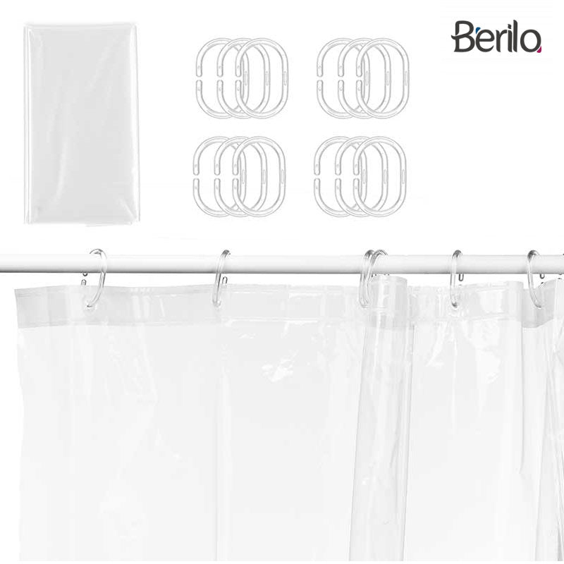 BERILO Transparenter DUSCHVORHANG + 12 Ringe 180×180cm