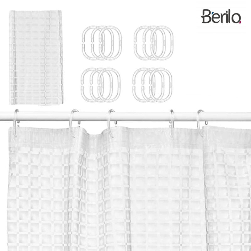 BERILO Transparenter DUSCHVORHANG mit Karo-Design Rautenmuster + 12 Ringe 180×180cm