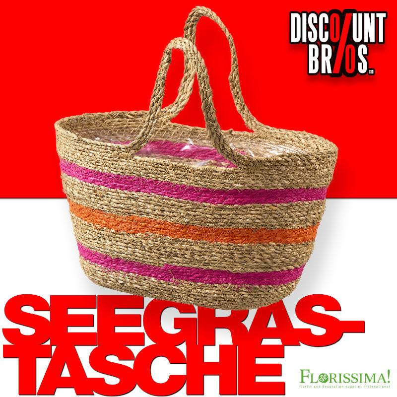 Florissima Seegras-Tasche Natur/Orange/Pink, 30 × 16 × 17/30 cm