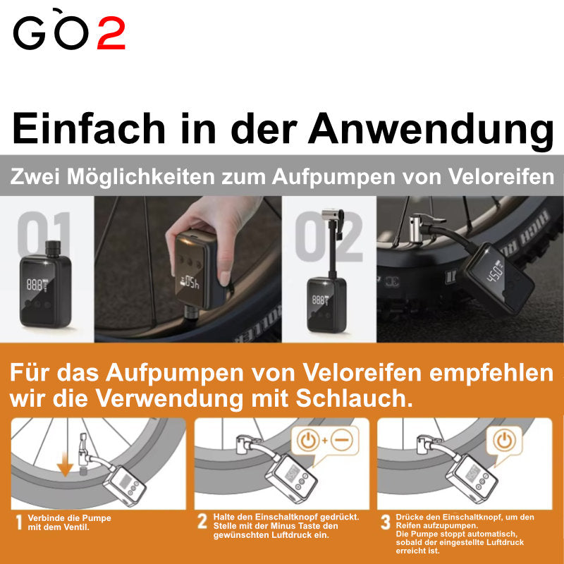 GO2 elektrische Mini Velopumpe 150 PSI USB C mit LCD
