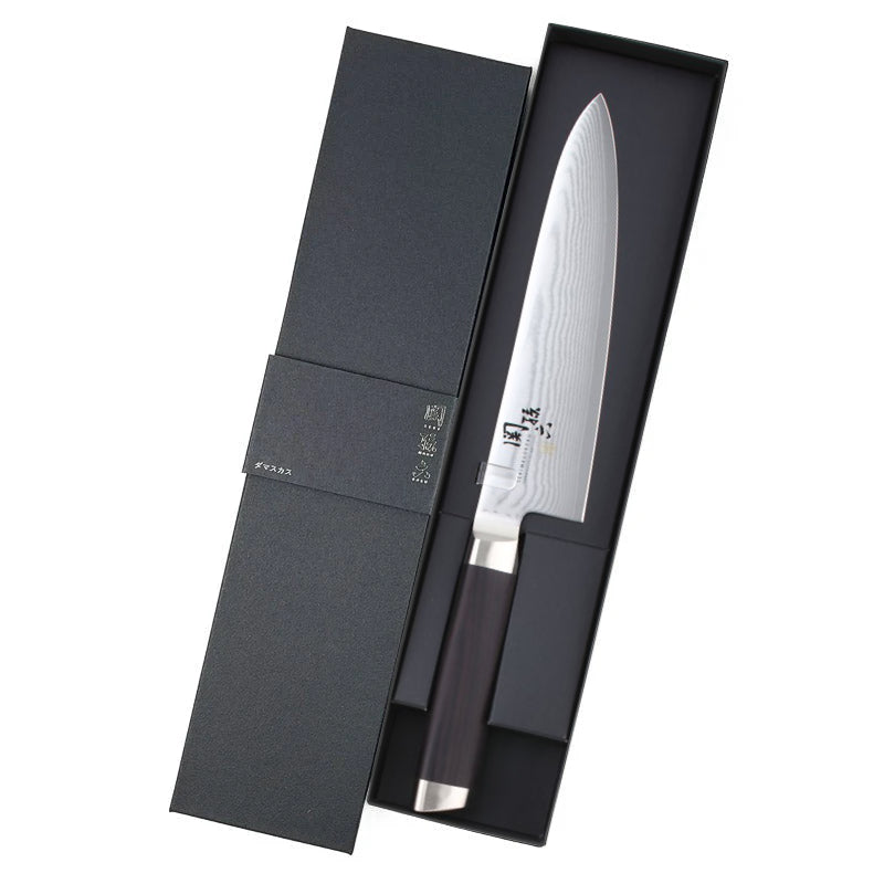 KAI SEKISOROKU Santoku Gyuto Messer Fleischmesser mit Damaststahl-Klinge (210 mm) und Holzgriff SCHWARZBRAUN