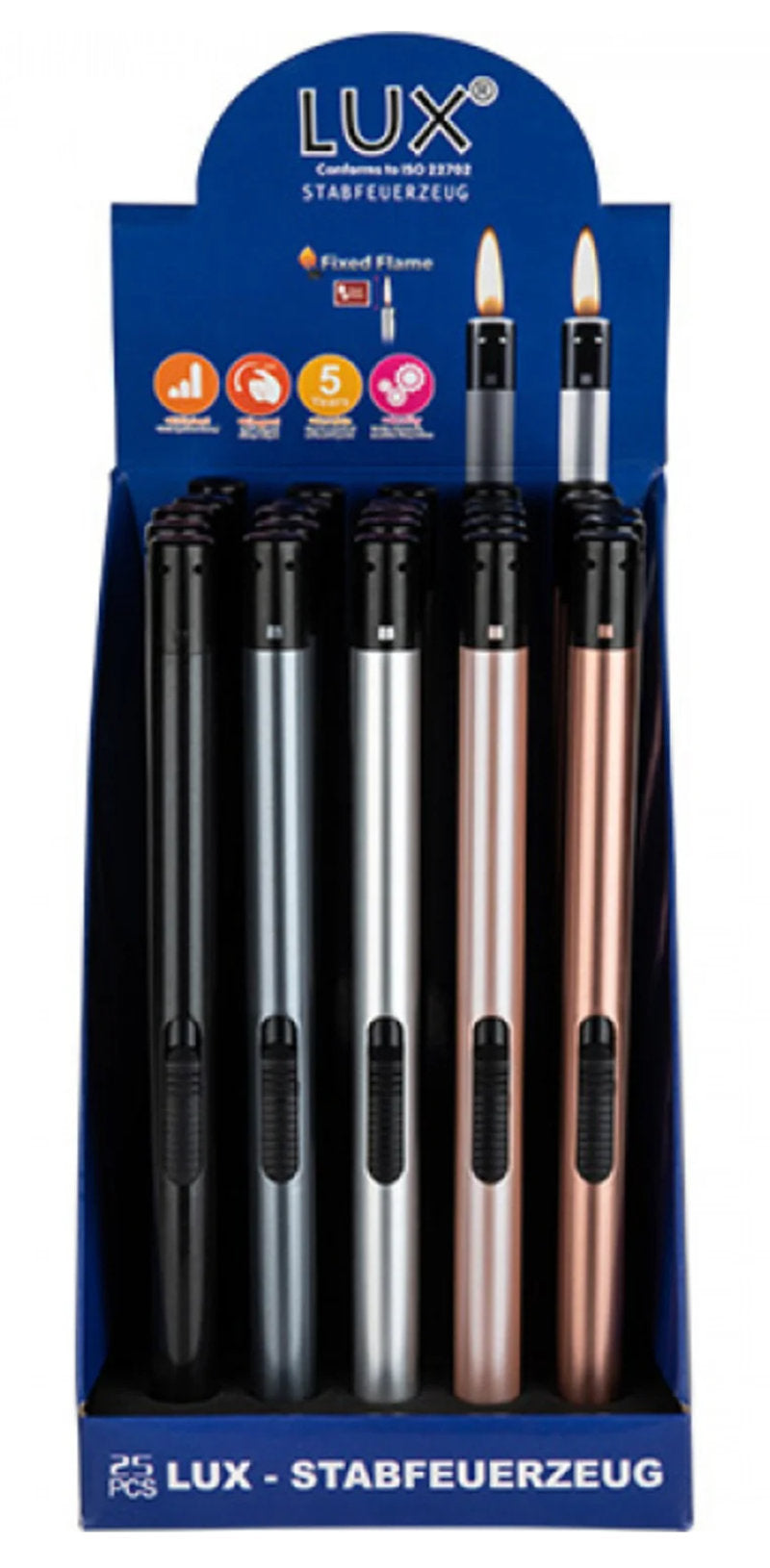 10 LUX Stabfeuerzeuge "BBQ Slim" in 5 Metallicfarben