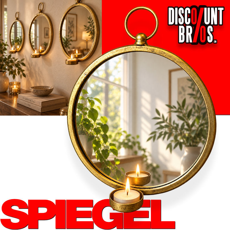 Florissima Spiegel 98045 mit Rechaud-Kerzenhalter in Antikgold, Produktcollage mit Kerzenlicht