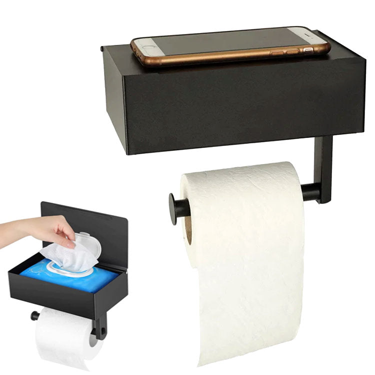 Toilettenpapierhalter WC-PAPIER-HALTER mit Ablage und Feuchttücher-Fach aus Metall SCHWARZ