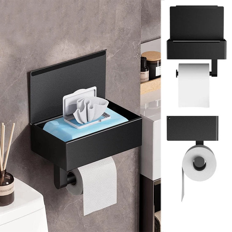 Toilettenpapierhalter WC-PAPIER-HALTER mit Ablage und Feuchttücher-Fach aus Metall SCHWARZ