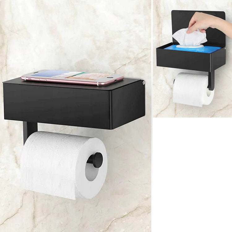 Toilettenpapierhalter WC-PAPIER-HALTER mit Ablage und Feuchttücher-Fach aus Metall SCHWARZ