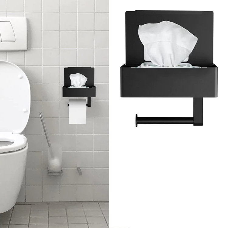 Toilettenpapierhalter WC-PAPIER-HALTER mit Ablage und Feuchttücher-Fach aus Metall SCHWARZ
