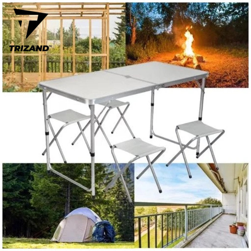 Campingtisch Mehrzwecktisch KLAPPTISCH mit 4 HOCKER Universaltisch faltbar höhenverstellbar 120×60cm WEISS