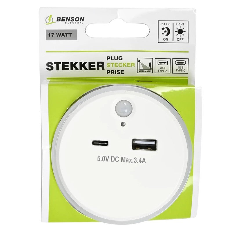 Benson Electric LED NACHTLICHT + LADEADAPTER USB A und USB C mit Sensor