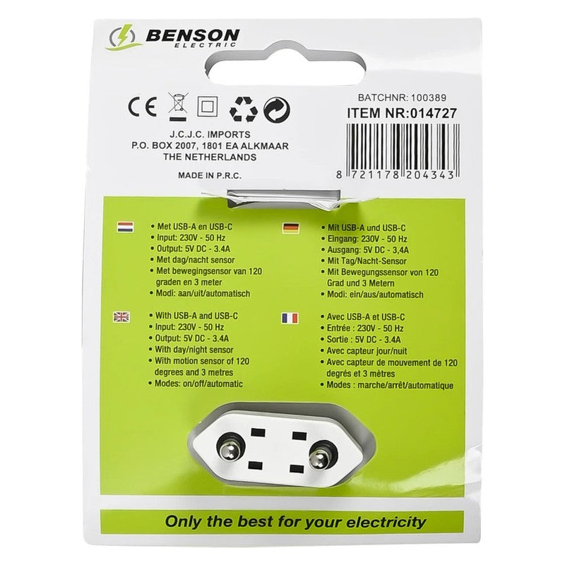 Benson Electric LED NACHTLICHT + LADEADAPTER USB A und USB C mit Sensor