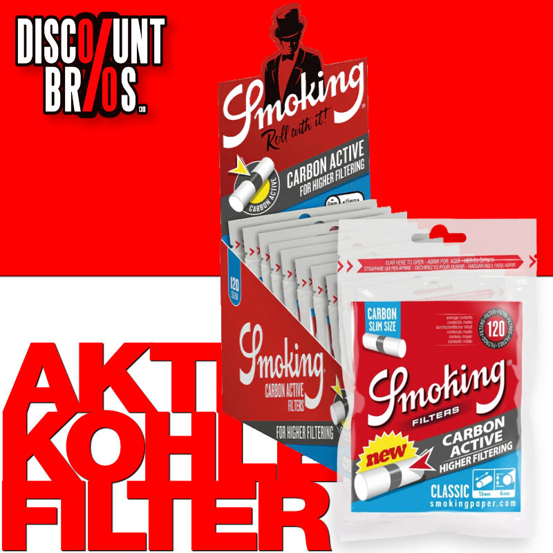 Verkaufsdisplay 10 × 120 Stk. SMOKING CARBON Filter Tips SLIM Wattefilter mit Aktivkohle