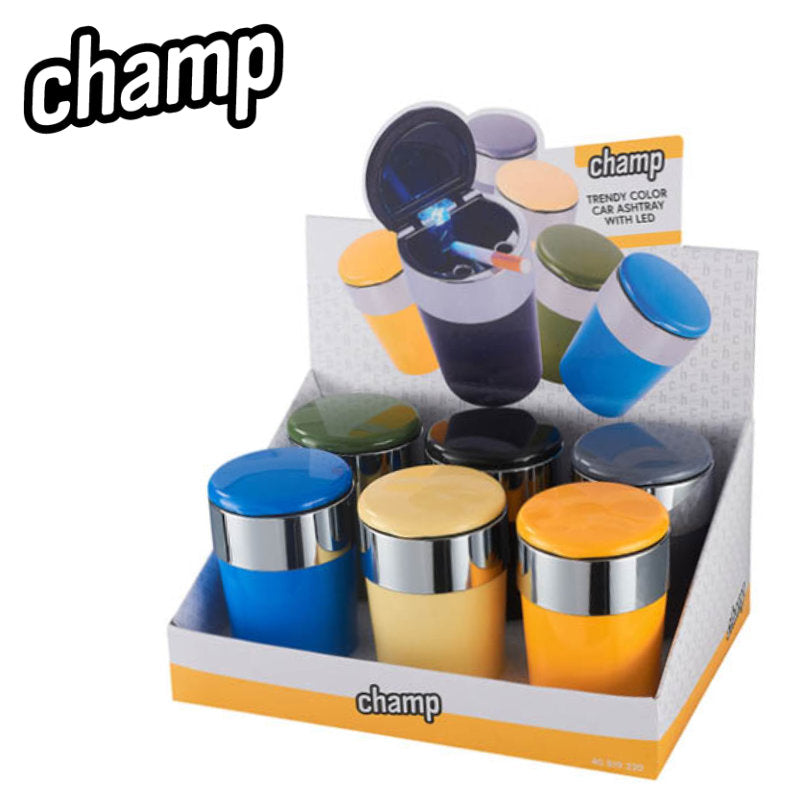 Champ AUTO-ASCHENBECHER Aschenbecher für Getränkehalter mit Deckel und LED Licht TRENDFARBEN