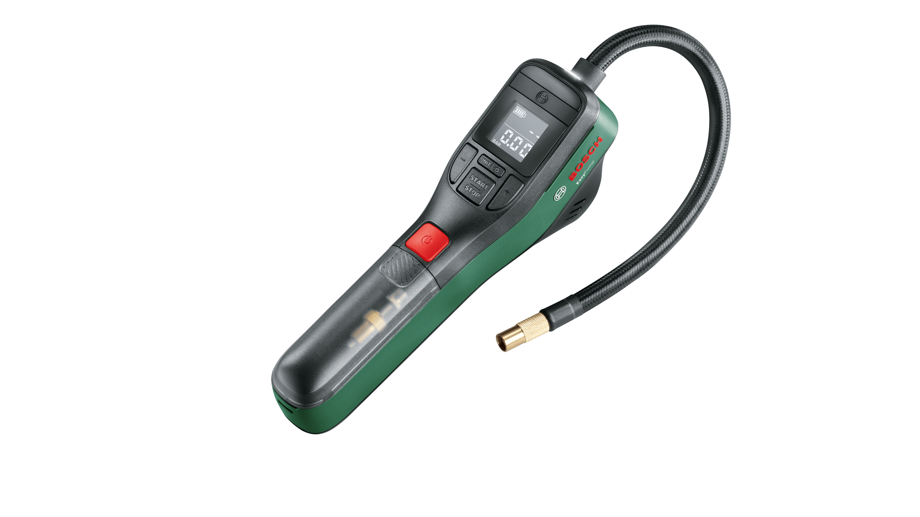 Bosch EasyPump Akku-Luftpumpe mit flexiblem Druckschlauch in Geräteansicht