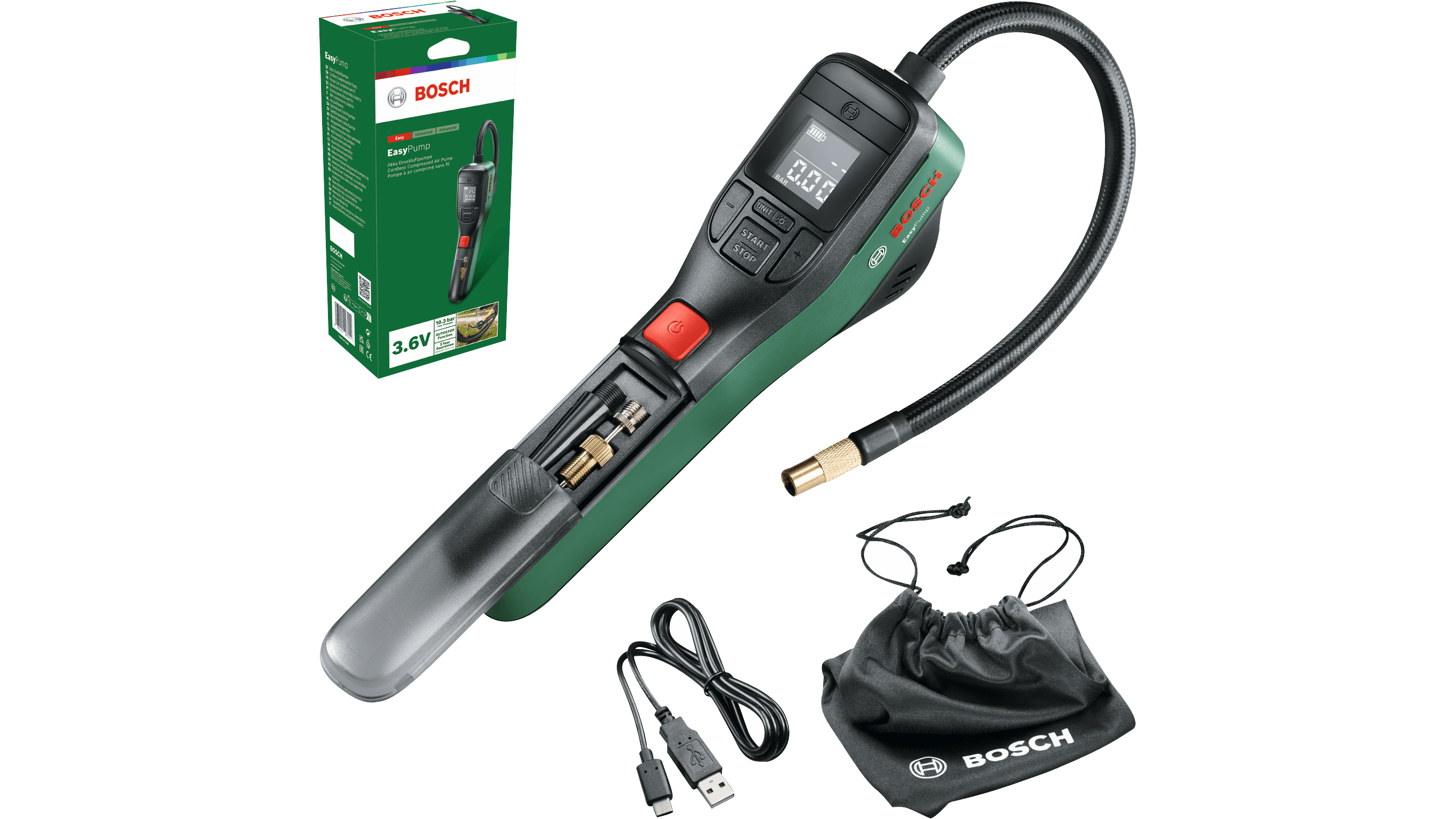Bosch EasyPump Akku-Druckluftpumpe mit Zubehör, USB-Kabel, Stofftasche und Verpackung