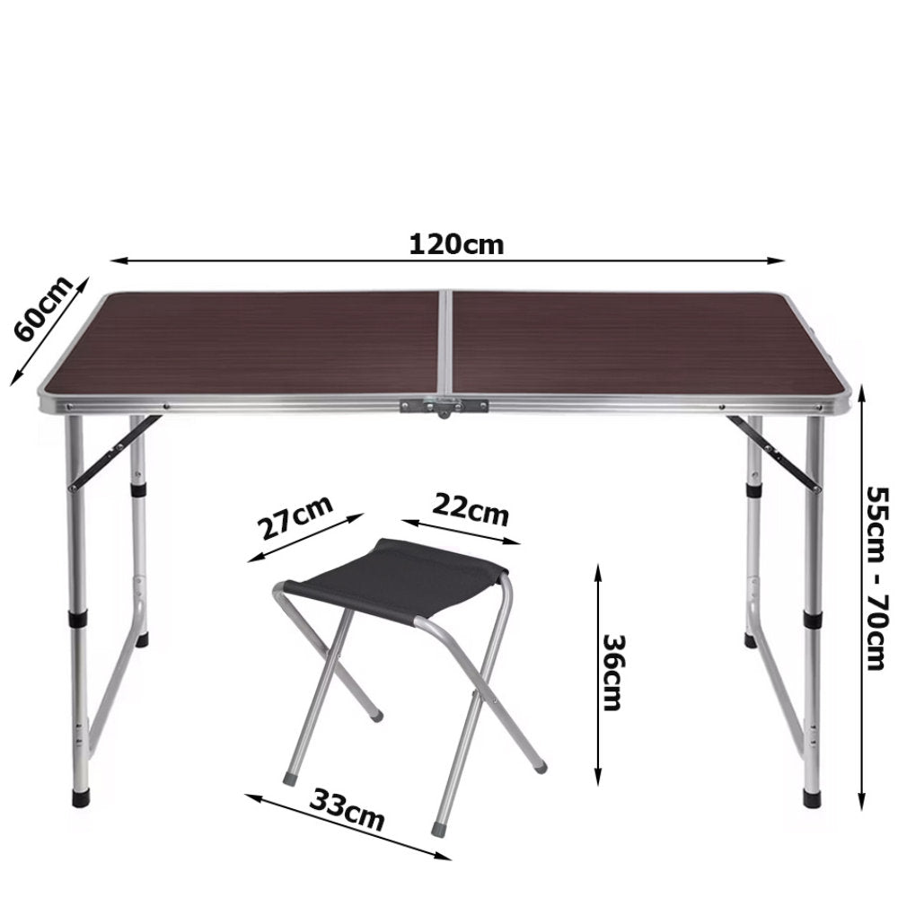 Campingtisch Mehrzwecktisch Klapptisch mit 4 Hocker Universaltisch Faltbar Höhenverstellbar 120 × 60 cm Braun