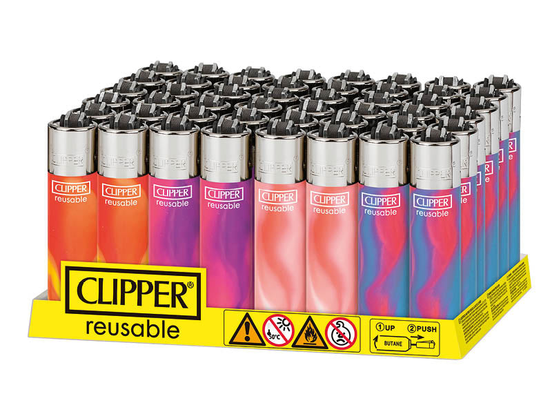 CLIPPER Large PINK NEBULA Feuerzeuge im gelben 48er-Verkaufsdisplay.