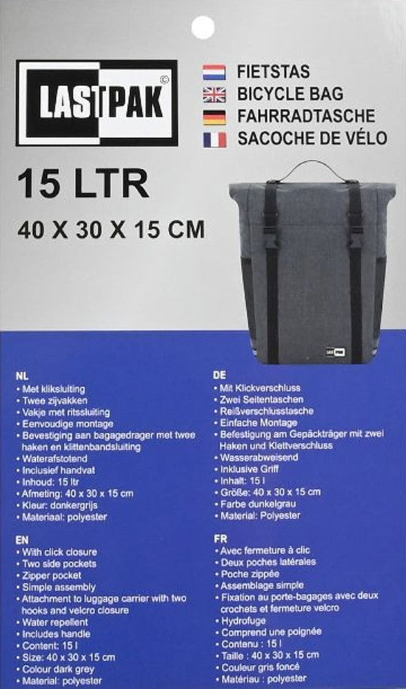 LASTPACK Velo- Fahrrad-GEPÄCKTASCHE Fahrradtasche für Gepäckträger 15l DUNKELGRAU