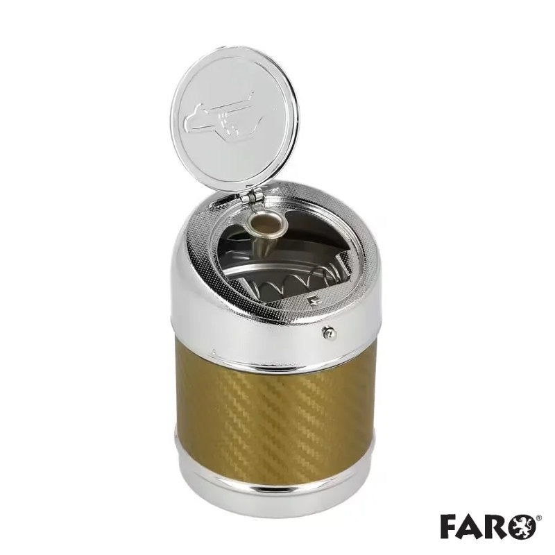 FARO Autoaschenbecher Metal Color in Gold mit geöffnetem Klappdeckel und sichtbarem Innenraum.