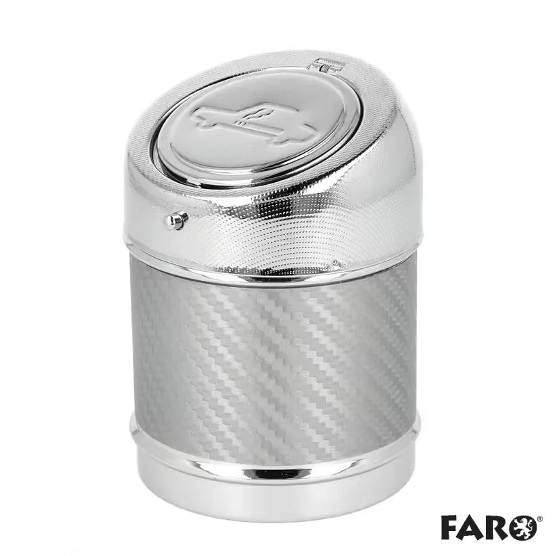 FARO Autoaschenbecher Metal Color in Silber mit gemusterter Oberfläche und geschlossenem Deckel.