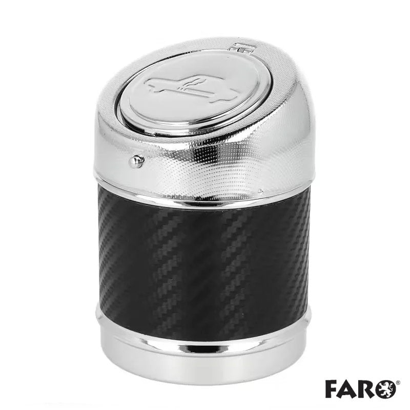 FARO Autoaschenbecher Metal Color in Schwarz mit gemusterter Oberfläche und geschlossenem silberfarbenem Deckel.