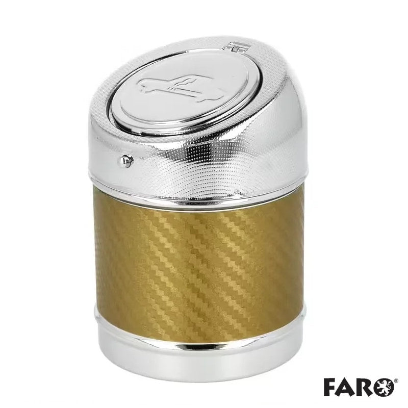 FARO Autoaschenbecher Metal Color in Gold mit gemusterter Oberfläche und geschlossenem silberfarbenem Deckel.