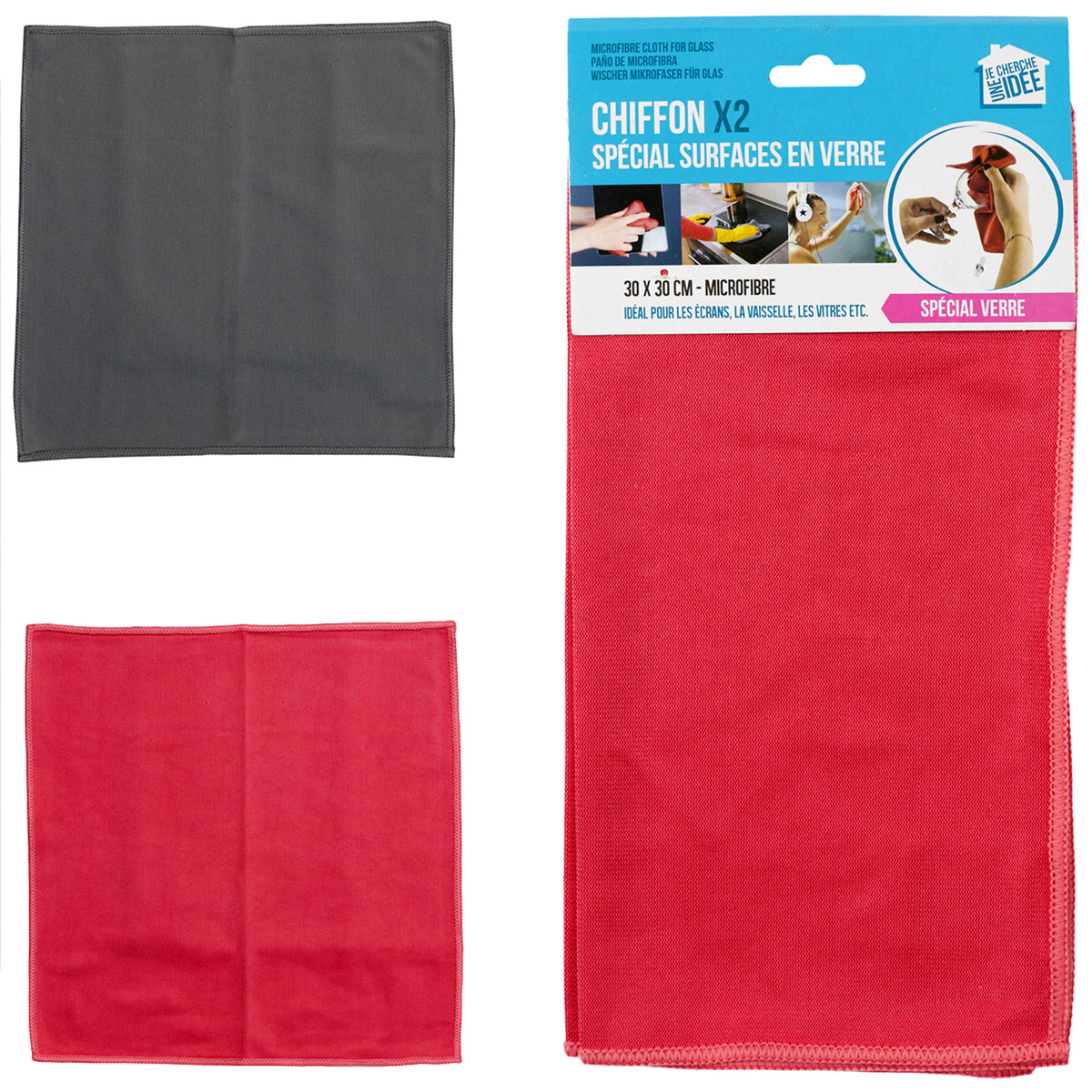 JE CHERCHE UNE IDEE Mikrofasertücher für Glas 30 × 30 cm, 2er-Set Rot/Grau