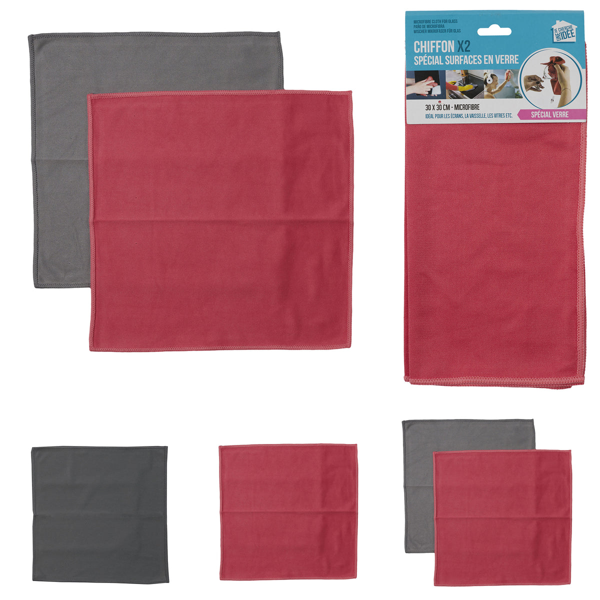 JE CHERCHE UNE IDEE Mikrofasertücher für Glas 30 × 30 cm, 2er-Set Rot/Grau