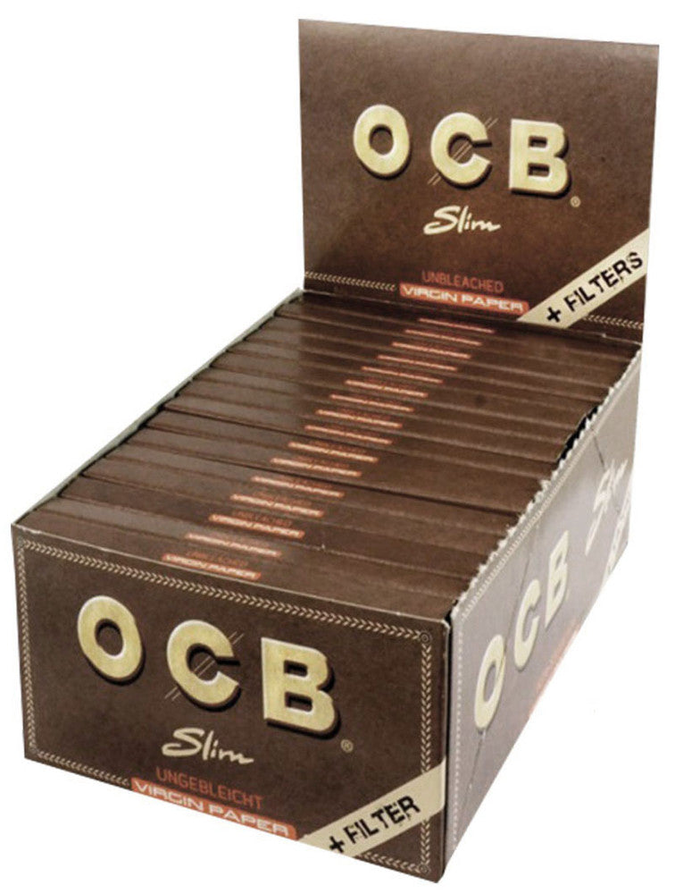 32 × Superdünne, ungebleichte OCB VIRGIN Slim Unbleached Papers Zigarettenpapier + Filter Tips 32 Blatt 109×44mm