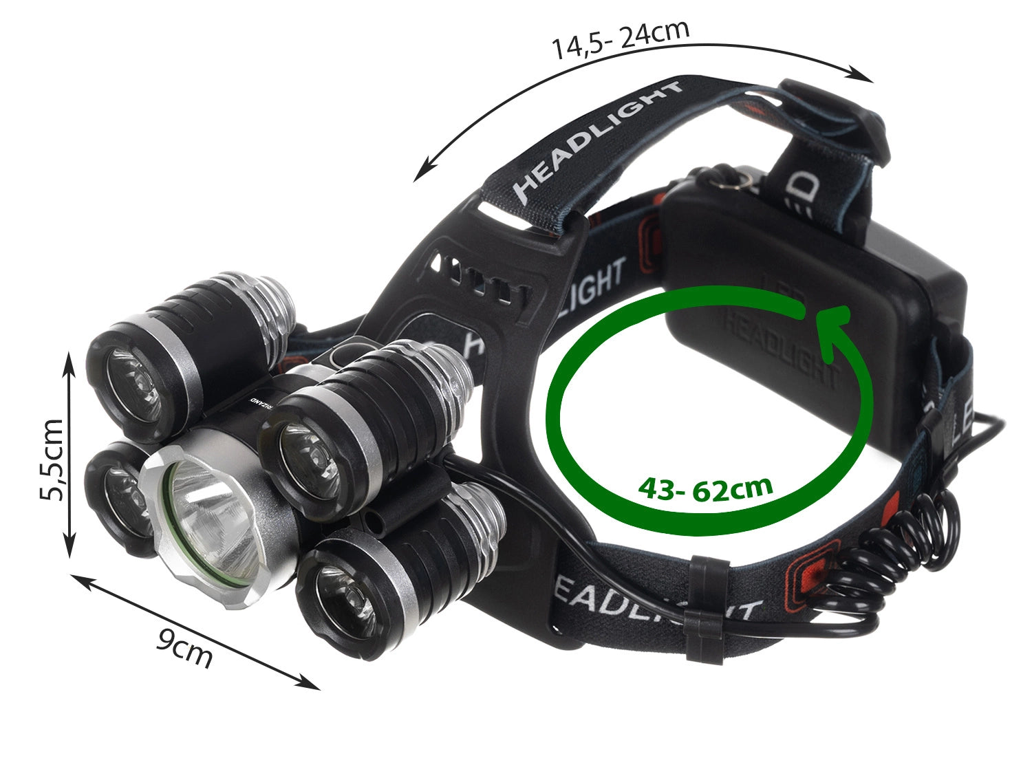 Abmessungen und verstellbares Kopfband der Trizand LED-Stirnlampe