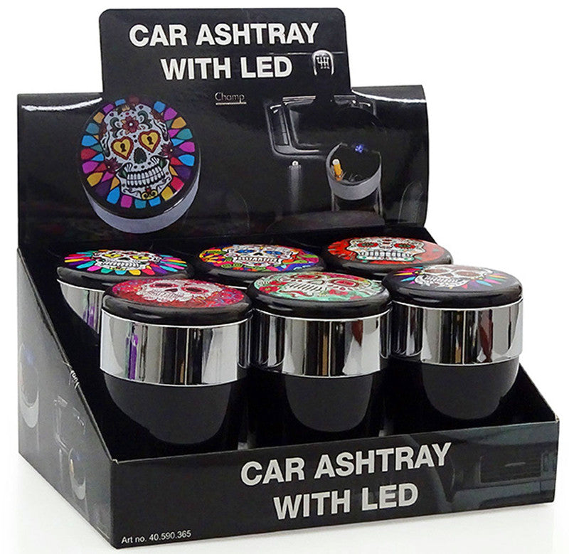 Champ SKULL AUTO-ASCHENBECHER Aschenbecher für Getränkehalter mit Deckel und LED Licht im Totenkopf Design