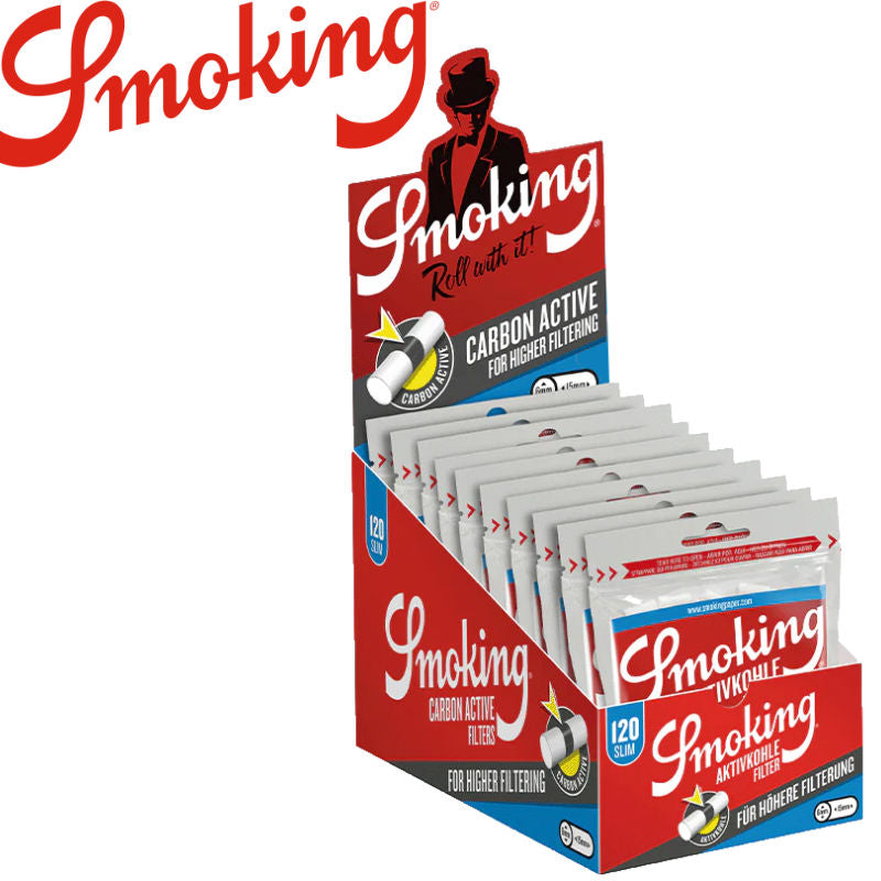 Verkaufsdisplay 10 × 120 Stk. SMOKING CARBON Filter Tips SLIM Wattefilter mit Aktivkohle