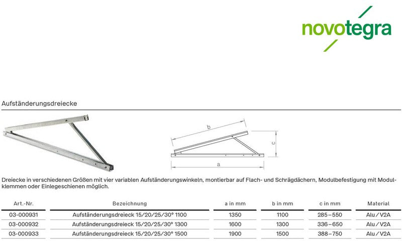 novotegra SOLAR Aufständerungsdreieck 1300 15/20/25/30°