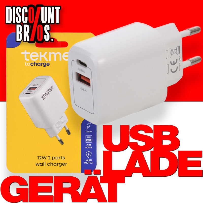 Tekmee Universal USB SCHNELL-LADEGERÄT Netzteil Netzadapter 12W mit USBC und USBA in WEISS