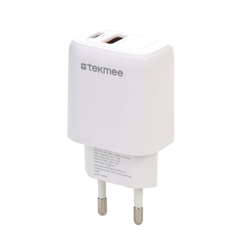 Tekmee Universal USB SCHNELL-LADEGERÄT Netzteil Netzadapter 12W mit USBC und USBA in WEISS